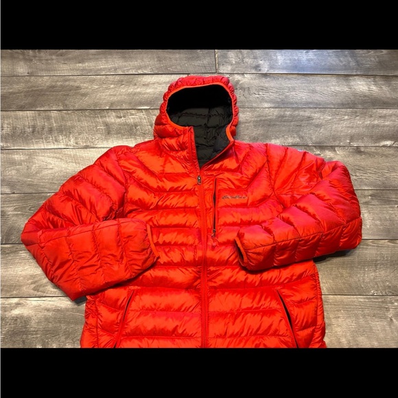 Eddie Bauer StormDown 800 Orange Puffer Puffy Goose Down Mens Jacket Size Large - Picture 2 of 10